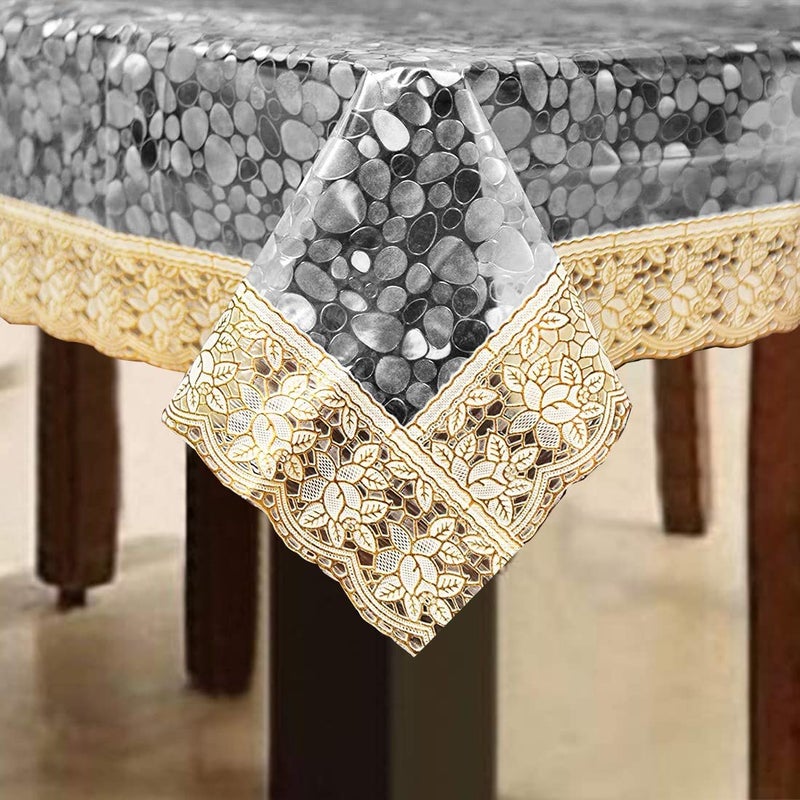 HOMECROWN Waterproof 6 Seater Dining Table Cover 3D Pattern Transparent PVC Plastic Rectangular Table Cover with Embroidered Golden Lace Border Clear Color 60X90 Inches Pack of 1 - Image 3
