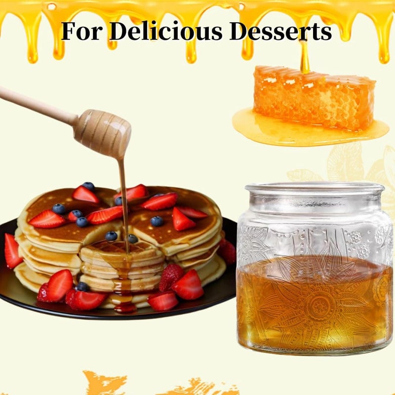 ANSQU Honey Pot, Airtight Glass Honey Jar with Bamboo Lid and Dipper Stick, Honey Container for Storing Syrup Jam Mason Jar for Home Kitchen, 17oz (Square Sunflower,1 Pack) - Image 5