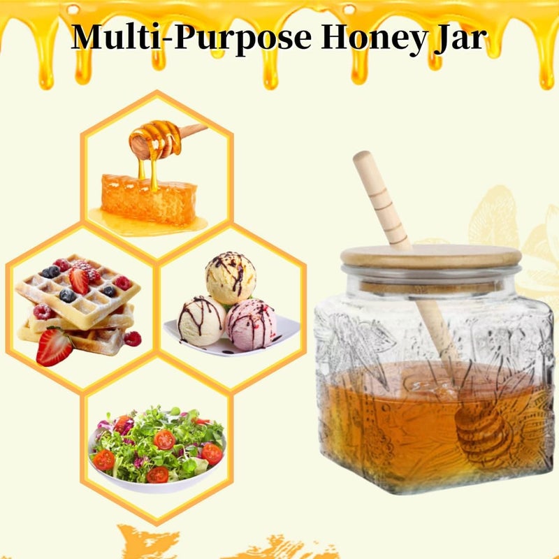 ANSQU Honey Pot, Airtight Glass Honey Jar with Bamboo Lid and Dipper Stick, Honey Container for Storing Syrup Jam Mason Jar for Home Kitchen, 17oz (Square Sunflower,1 Pack) - Image 3