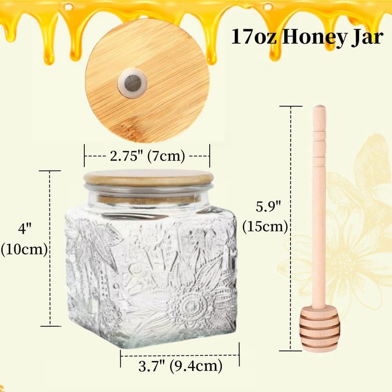 ANSQU Honey Pot, Airtight Glass Honey Jar with Bamboo Lid and Dipper Stick, Honey Container for Storing Syrup Jam Mason Jar for Home Kitchen, 17oz (Square Sunflower,1 Pack) - Image 2