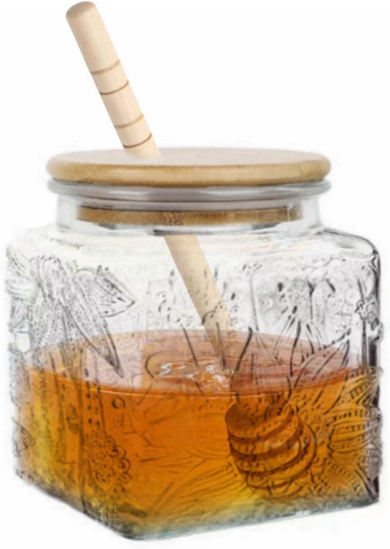 ANSQU Honey Pot, Airtight Glass Honey Jar with Bamboo Lid and Dipper Stick, Honey Container for Storing Syrup Jam Mason Jar for Home Kitchen, 17oz (Square Sunflower,1 Pack) - Image 1