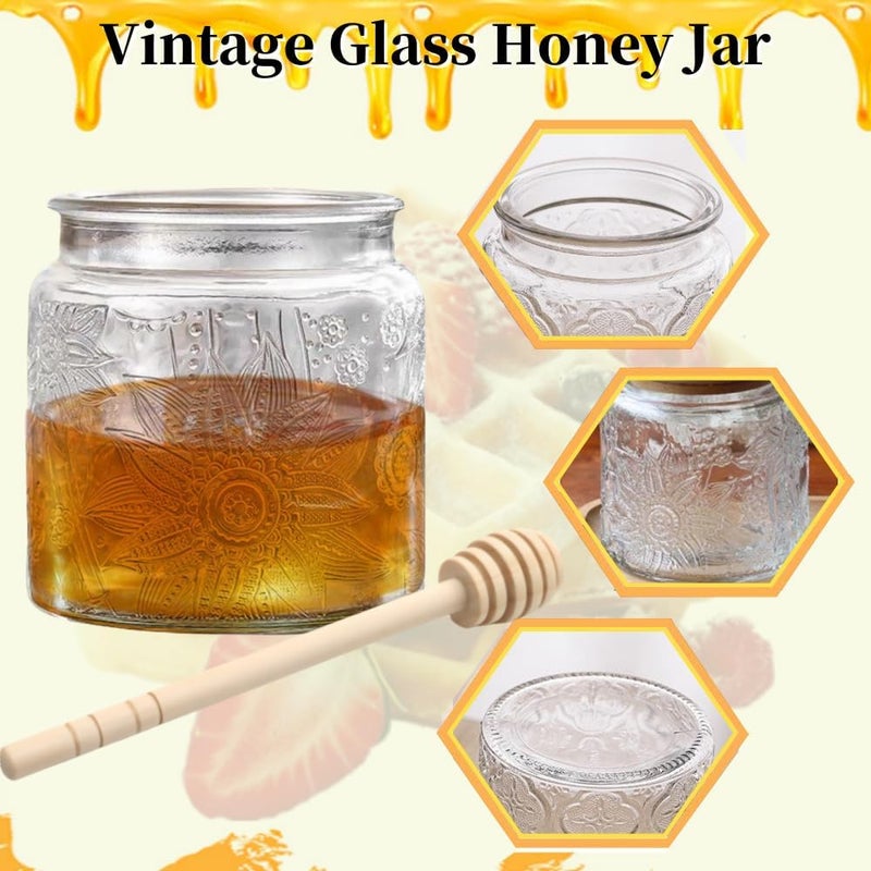 ANSQU Honey Pot, Airtight Glass Honey Jar with Bamboo Lid and Dipper Stick, Honey Container for Storing Syrup Jam Mason Jar for Home Kitchen, 17oz (Square Sunflower,1 Pack) - Image 4