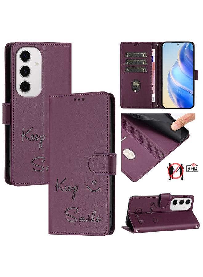 Zaboon For Samsung Galaxy S24 FE 5G Smile Embossing RFID Leather Phone Case(Violet)