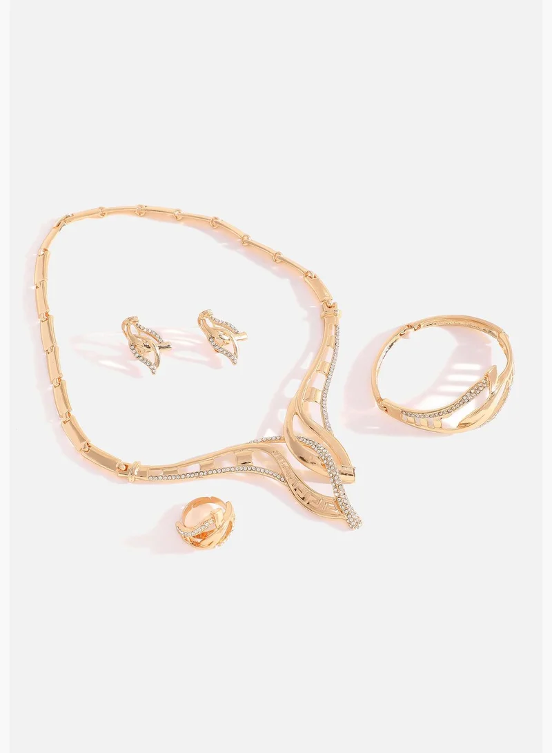 SOHI Gold Plated Designer Stone Necklace, Earring, Ring and Bracelet Set