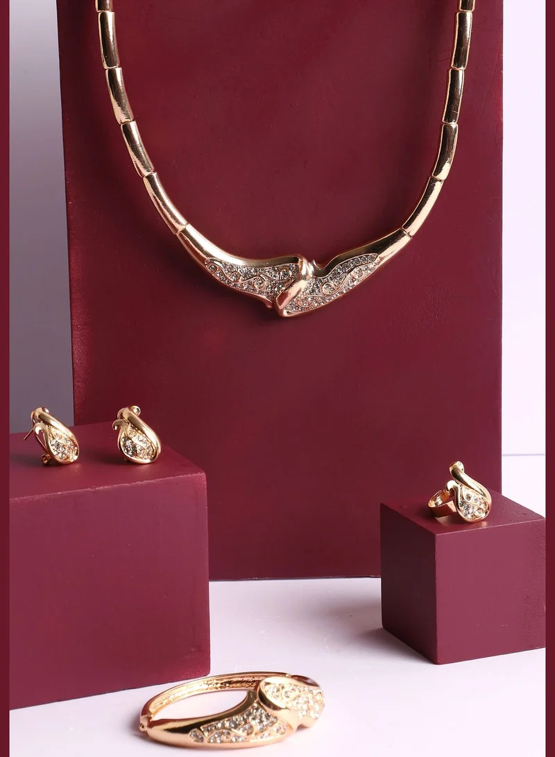 SOHI Gold Plated Designer Stone Necklace, Earring, Ring and Bracelet Set