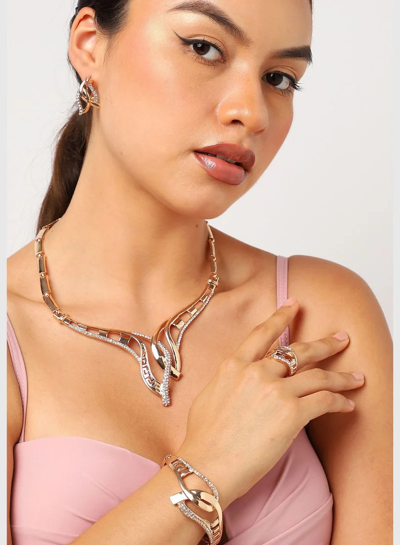 SOHI Gold Plated Designer Stone Necklace, Earring, Ring and Bracelet Set