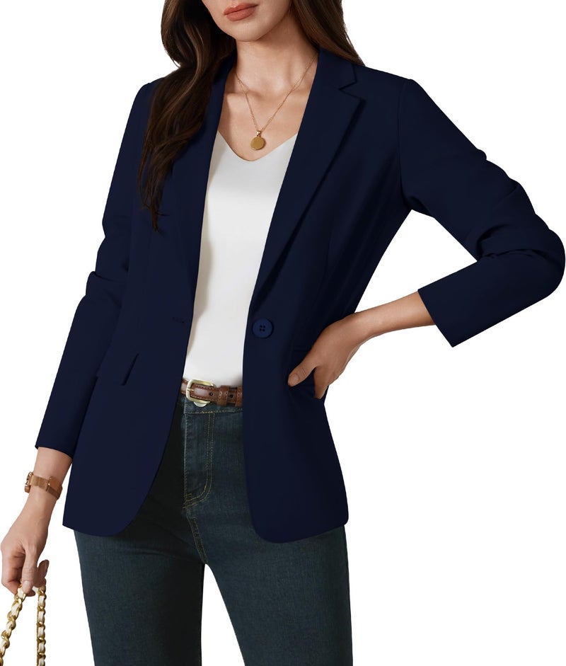 Kelyaa Womens One Button Blazer Casual Open Front Long Sleeve Suit Jackets Business Work Office Blazers with Pockets Navy - Image 2