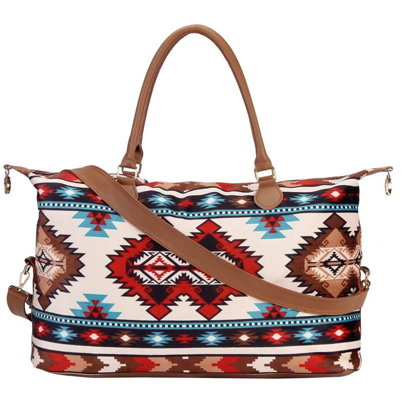 XinblueCo Atzec Print Duffle Bag with Shouler Strap Cow Print Overnight Bags for Women Western Weekender Bag for Hospital Maternity - Image 1