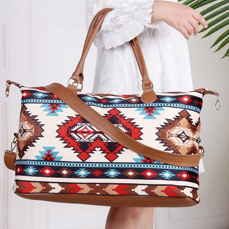 XinblueCo Atzec Print Duffle Bag with Shouler Strap Cow Print Overnight Bags for Women Western Weekender Bag for Hospital Maternity - Image 2