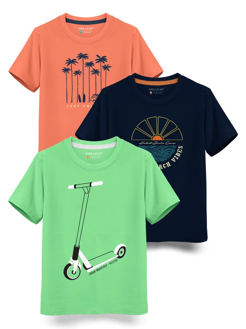 HELLCAT Boys Trendy Typographic Printed Cotton Blend Half Sleeve Regular Fit T-Shirt - Pack of 3 / Pista Green & Navy Blue & Saffron / 9-10 Years - Image 1