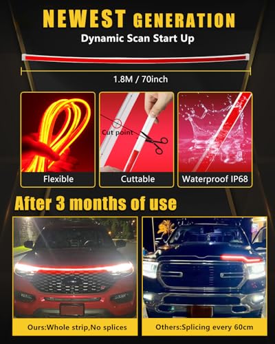 YM EBright Led Hood Light Strip Exterior Led Strip Lights for Cars Waterproof Flexible DRL Dynamic Scan Start Up Hoodbeam Kit Daytime Running Lights for Car Truck SUV 12V 70inch Red 1 Set - Image 3