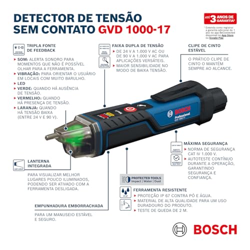BOSCH GVD 1000-17 Voltage Tester | Dual Range 24–1000V & 90–1000V AC | IP67 Rated | LED, Sound and Vibration Alerts | Flashlight | TPE Grip | CAT IV 1000V | Auto Self-Test | No Contact Needed - Image 5