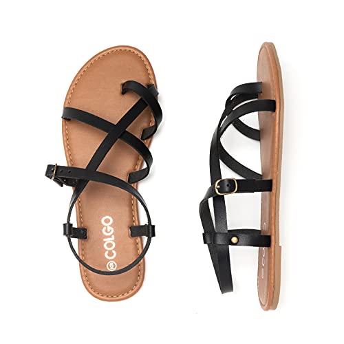 Colgo Women's Summer Strappy Flat Sandals, Adjustable Casual Fisherman Sandal with Open Toe Slingback Gladiator Sandals (9,New Black) - Image 5