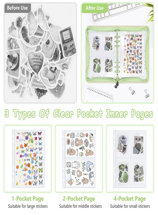 Ruatu Sticker Storage Organizer Binder A5 Sticker Collecting Book Reusable Zipper Album with Clear Laser Star Cover and Pocket Pages (Green) - Image 3