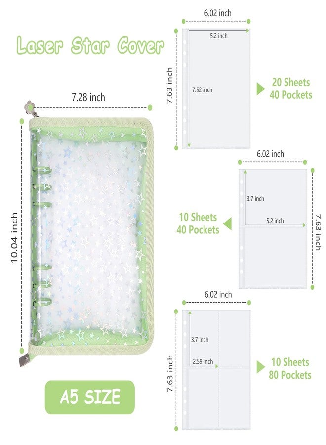 Ruatu Sticker Storage Organizer Binder A5 Sticker Collecting Book Reusable Zipper Album with Clear Laser Star Cover and Pocket Pages (Green) - Image 5