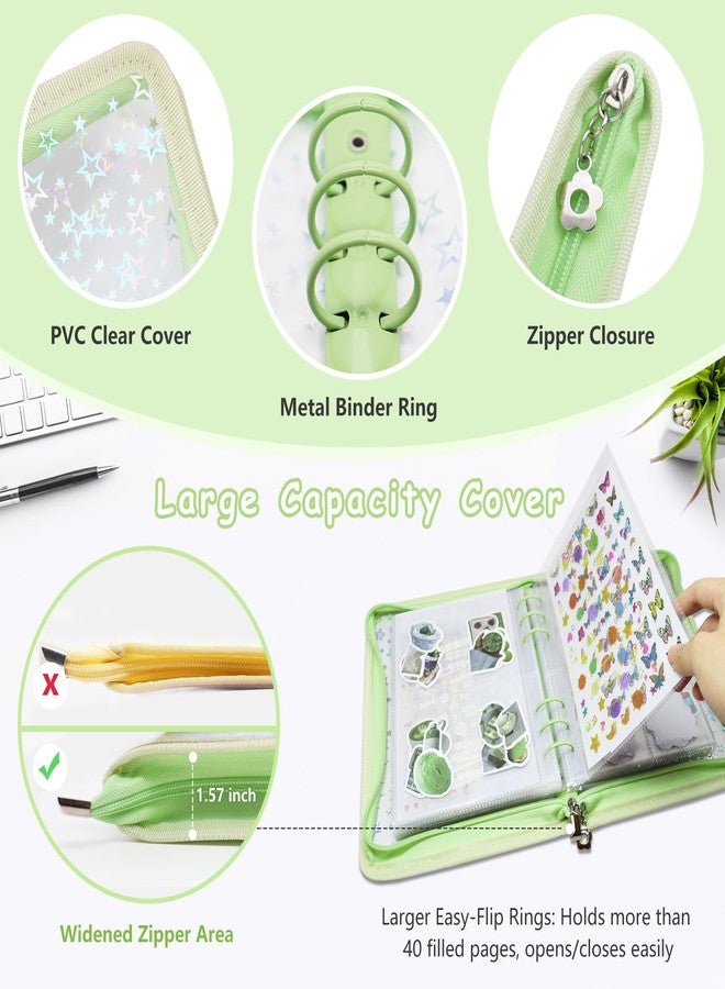 Ruatu Sticker Storage Organizer Binder A5 Sticker Collecting Book Reusable Zipper Album with Clear Laser Star Cover and Pocket Pages (Green) - Image 2