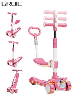GROIC 3-in-1 Folding Kids Scooter with Music And Light, Flashing Wheels, Adjustable Push Bar & Seat & Handlebar, Widened Non-Slip Deck, 3 Wheel Kick Scooter for Boys Girls  - Image 1