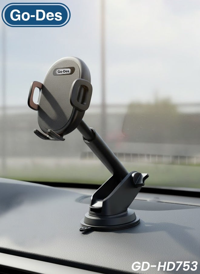 GO-DES Car Mobile Holder – 2-in-1 Dashboard & Air Vent Mount, Strong Suction Cup, Auto-Tightening Grip, Adjustable Arm, Universal Phone Stand GD-HD753 - Image 1