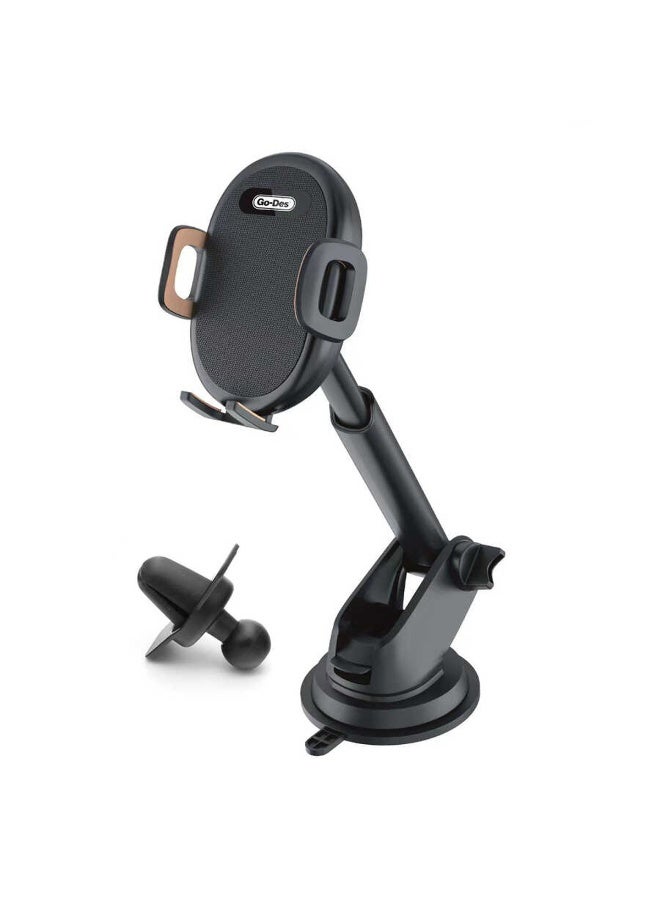 GO-DES Car Mobile Holder – 2-in-1 Dashboard & Air Vent Mount, Strong Suction Cup, Auto-Tightening Grip, Adjustable Arm, Universal Phone Stand GD-HD753 - Image 2
