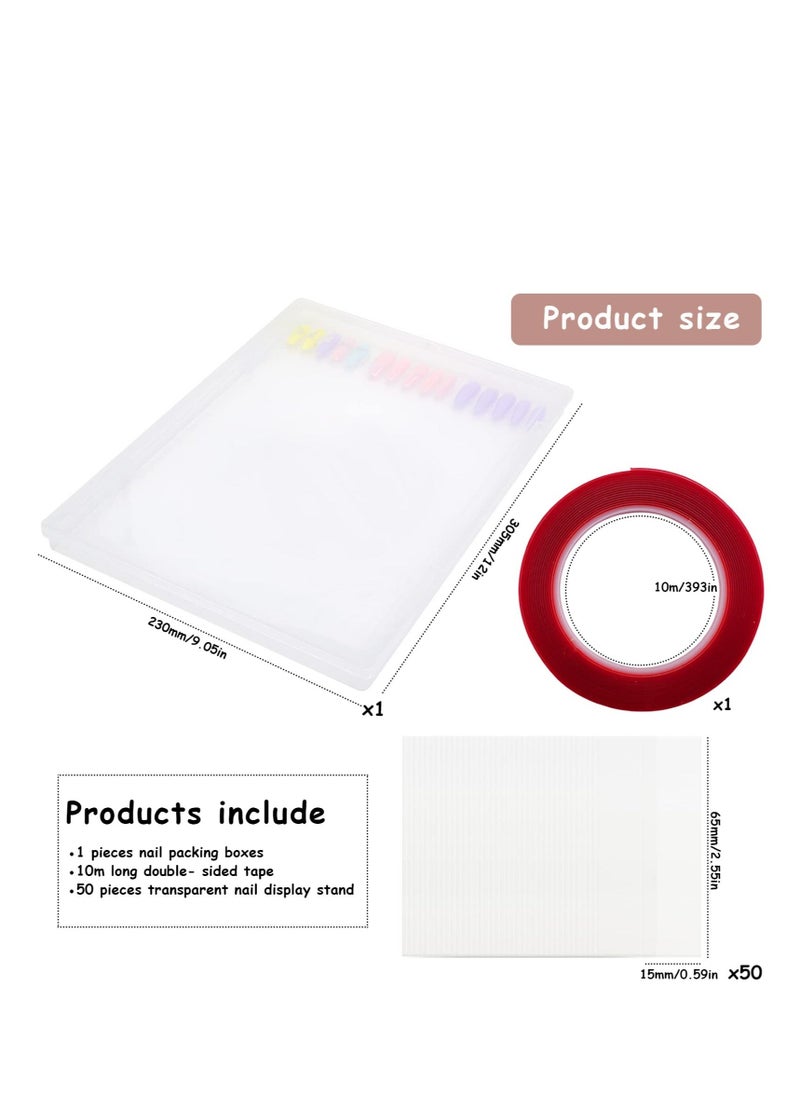 Clear Storage Box Set - Empty Press on Nails Packaging Box Set,Includes 50 Acrylic Display Stands and 10m Double-Sided Tape,Can Be Used to Store and Store Personal Items