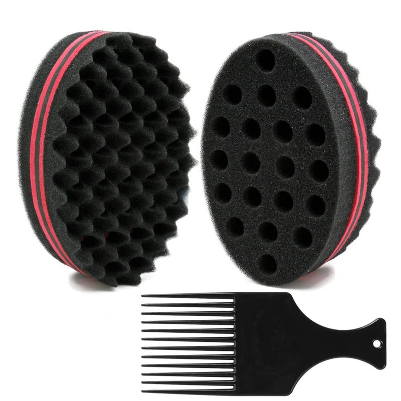 BEWAVE Big Holes Barber Hair Brush Sponge Dreads Locking Twist Afro Curl Coil Wave Hair Care Tool, 2 Pcs with 1 Pc Hair Pick - Image 1