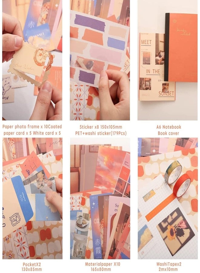 SVULINT Vintage Big Size Aesthetic Scrapbook Kit, Scrapbooking Supplies Kit with Bullet Junk Journal,Stationery,A6 Grid Notebook Journaling Gift Set (Orange Sunset) - Image 4