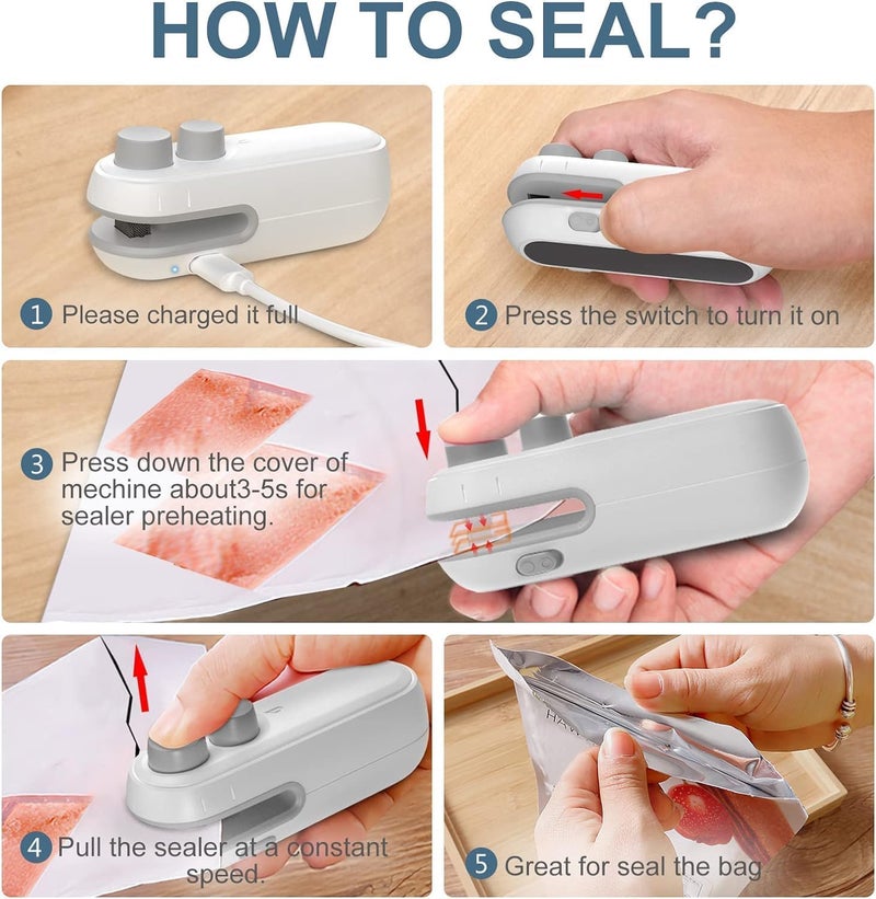 Rylan Portable Mini Sealing Machine, Handheld Packet Sealer for Food, Snacks, Chips, Fresh Storage, Plastic Bags Sealing Machine, 1 YEAR Warranty (White) - Image 5