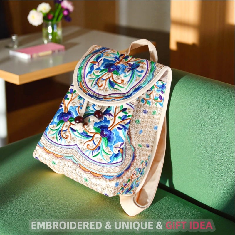 Goodhan Vintage Embroidered Backpack Purses for Women - Boho Shoulder Bag for Travel,Ethnic Floral Mini Back Pack,Lightweight Handbags for Daily Use (Beige-Blue) - Image 2