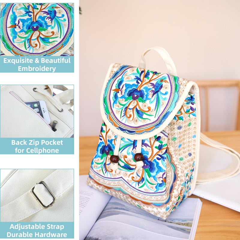 Goodhan Vintage Embroidered Backpack Purses for Women - Boho Shoulder Bag for Travel,Ethnic Floral Mini Back Pack,Lightweight Handbags for Daily Use (Beige-Blue) - Image 5