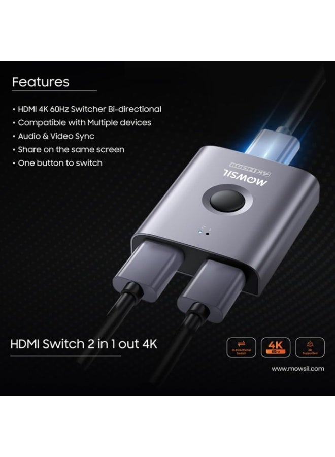 Mowsil HDMI Switch Splitter 2 in 1 Out / 1 in 2 Out, 4K@60Hz Bi-Directional HDMI 2.0 Switch with Button, Supports 3D, HDR, HDCP, for TV, Laptop, PS5, Xbox, Projector & Monitor - Image 2