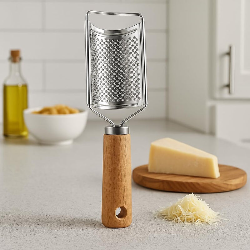 FITTO Portable Wooden Handle Cheese Grater - Multi-Purpose Grater for Ginger, Potato, Cheese, Butter, Chocolate, Silver Colour, Perfect for Home Kitchen Use, 1 Piece - Image 1