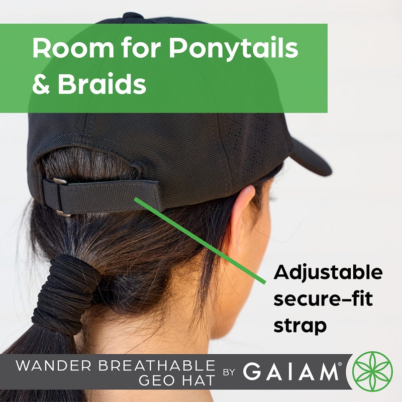 Gaiam Wander Breathable Geo Black Hat - Cute Women's Baseball Hat for Summer, Lightweight, Adjustable Strap, Moisture-Absorbing Sweatband for Running & Hiking, 6-Panel Ball Cap for Women, Black - Image 4