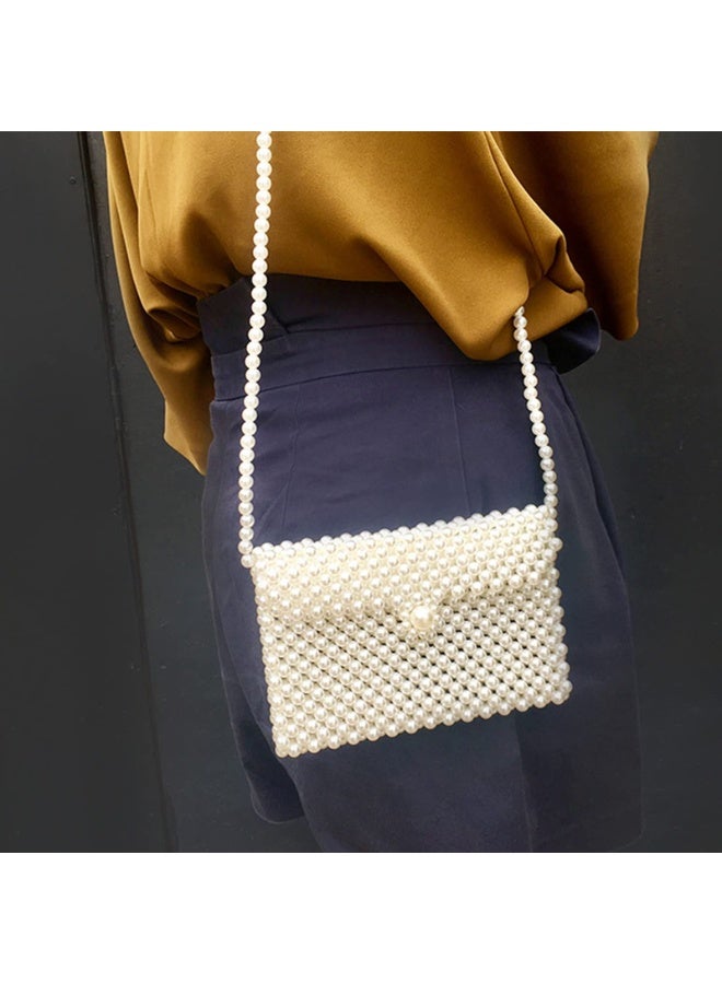 Women's White Artificial Pearl Beaded Shoulder Bag Crossbody Clutch, 7.1 x 4.7 inch - Image 5