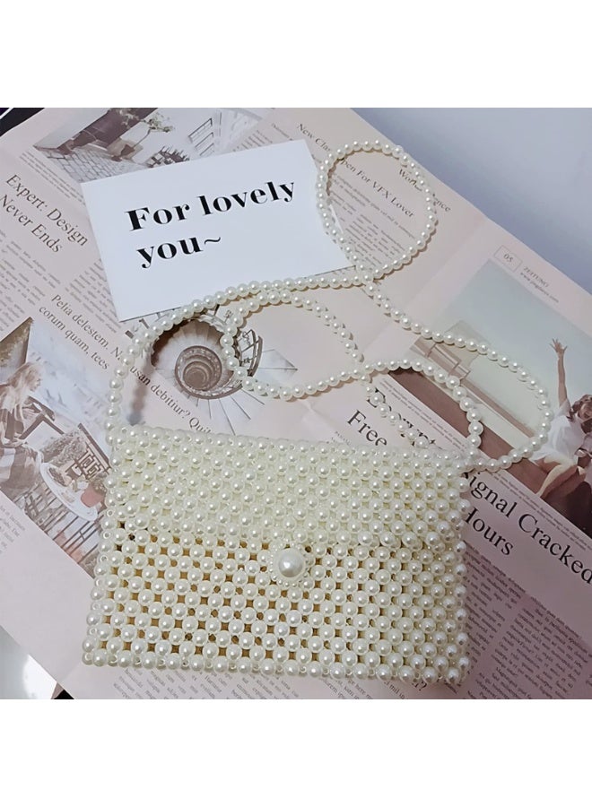 Women's White Artificial Pearl Beaded Shoulder Bag Crossbody Clutch, 7.1 x 4.7 inch - Image 3
