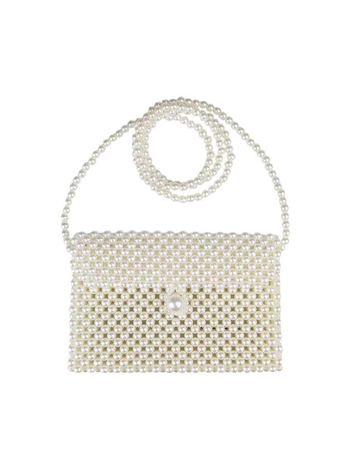 Women's White Artificial Pearl Beaded Shoulder Bag Crossbody Clutch, 7.1 x 4.7 inch - Image 1