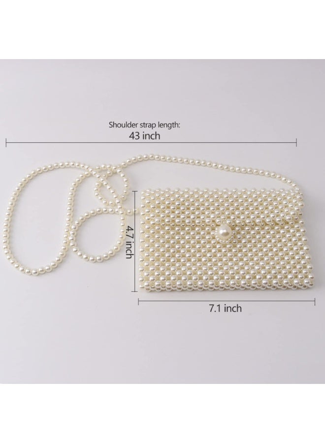 Women's White Artificial Pearl Beaded Shoulder Bag Crossbody Clutch, 7.1 x 4.7 inch - Image 2