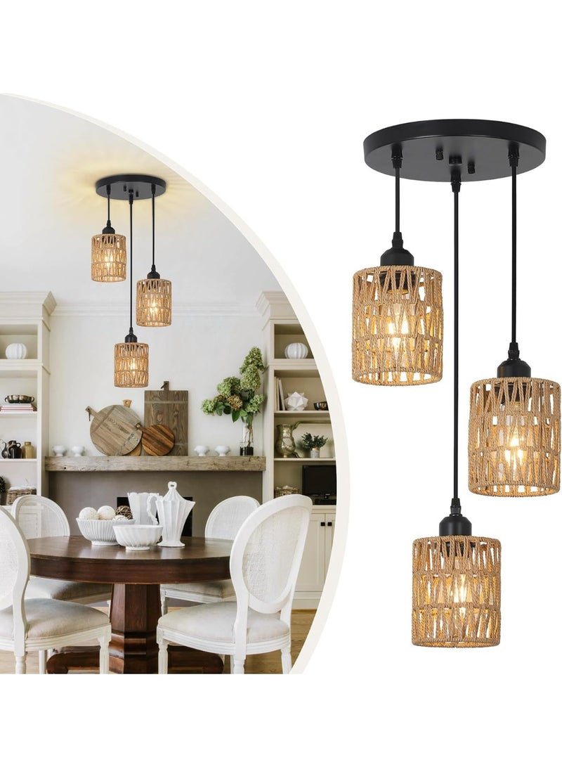 ون لايت ثريا LED منسوجة بحبل قنب صناعي، مصباح سقف بثلاثة رؤوس، مناسب للمبيت والإفطار/المطعم/الفندق/الحانة/غرفة النوم - Image 1