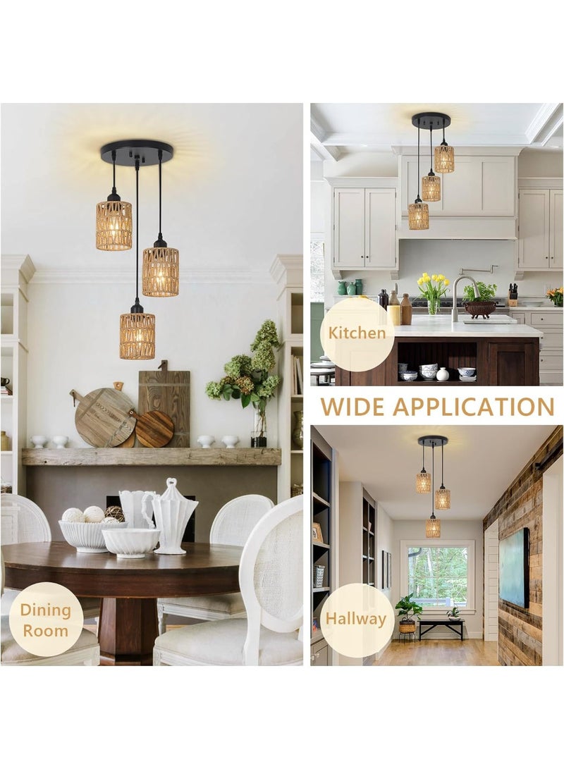 ون لايت ثريا LED منسوجة بحبل قنب صناعي، مصباح سقف بثلاثة رؤوس، مناسب للمبيت والإفطار/المطعم/الفندق/الحانة/غرفة النوم - Image 2