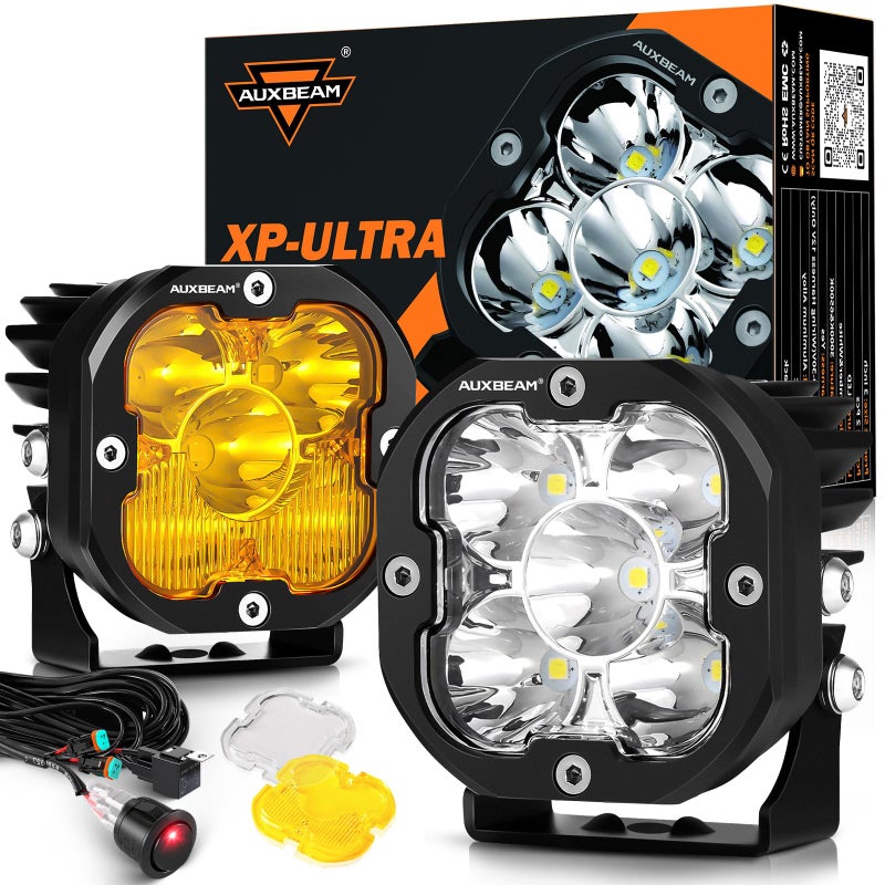 Auxbeam XPUltra Series 3 80W Cube LED Pods White Spot Beam Amber Combo Beam Replaceable Light Covers 9600LM Yellow Offroad Ditch Lights Driving Light Bar Pair