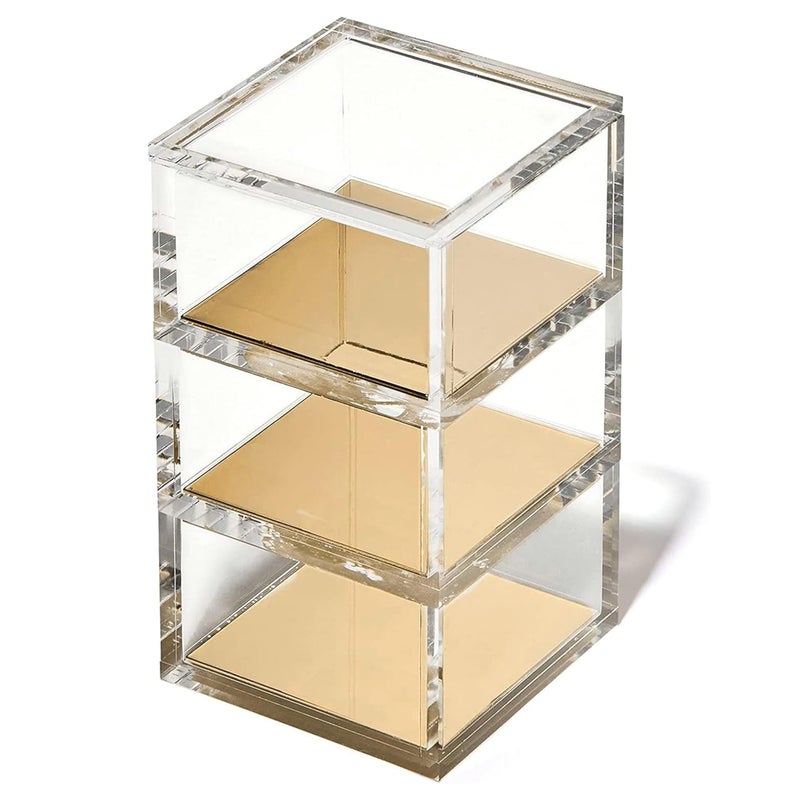 OfficeGoods 3Tier Stackable Acrylic Holder Stylish Desk Organizer and Storage for Office or Home  Transparent Square Design with Gold Metal Base