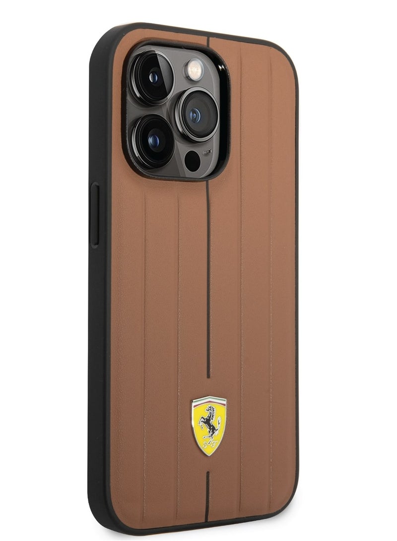 Ferrari iPhone 14 Pro Case Leather Back Cover with Embossed Stripes & Yellow Shield Logo / Lifted Ring Case / Slim profile / Easy Snap-On / Drop & Bumper Protection - Camel - Image 2