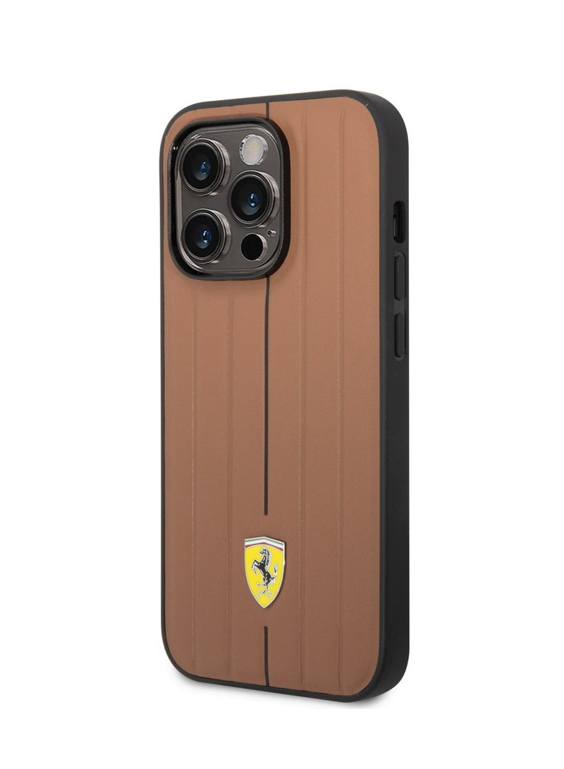 Ferrari iPhone 14 Pro Case Leather Back Cover with Embossed Stripes & Yellow Shield Logo / Lifted Ring Case / Slim profile / Easy Snap-On / Drop & Bumper Protection - Camel - Image 1