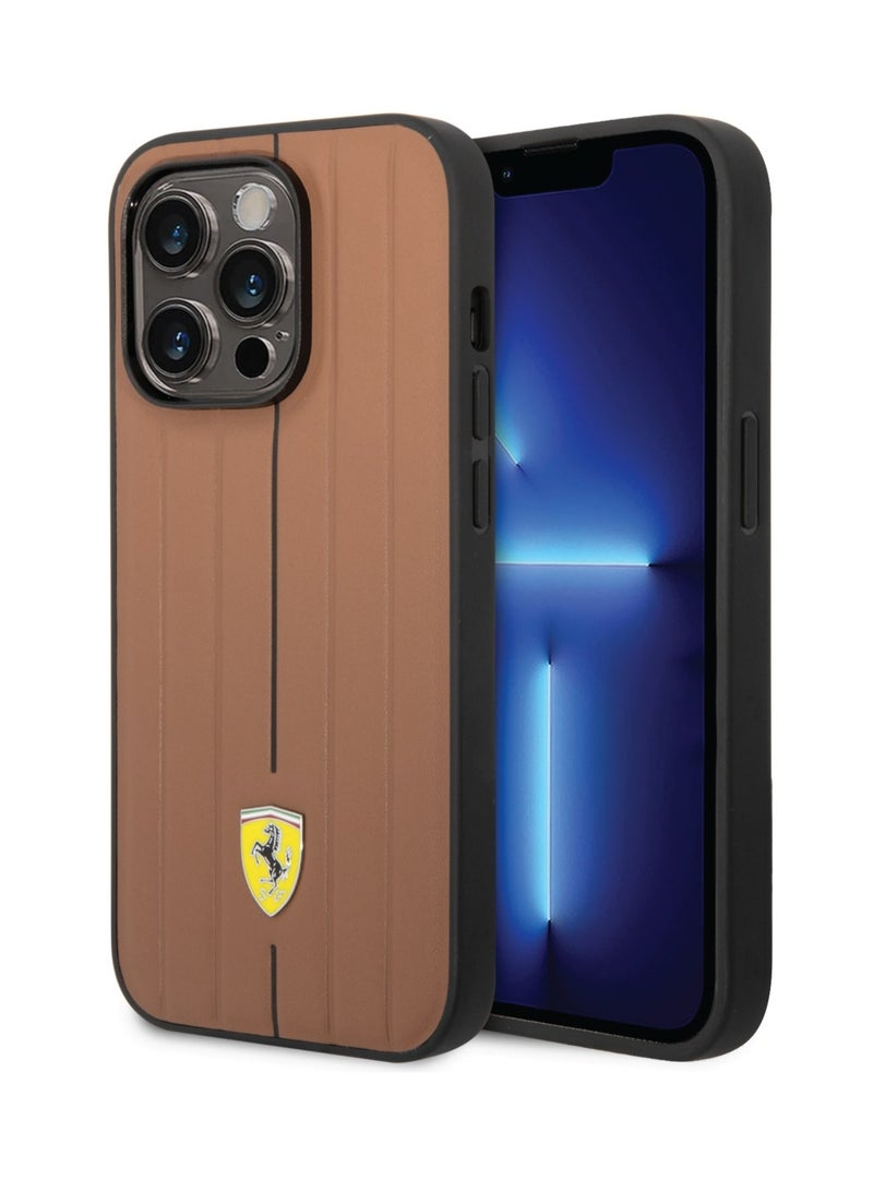 Ferrari iPhone 14 Pro Case Leather Back Cover with Embossed Stripes & Yellow Shield Logo / Lifted Ring Case / Slim profile / Easy Snap-On / Drop & Bumper Protection - Camel - Image 5