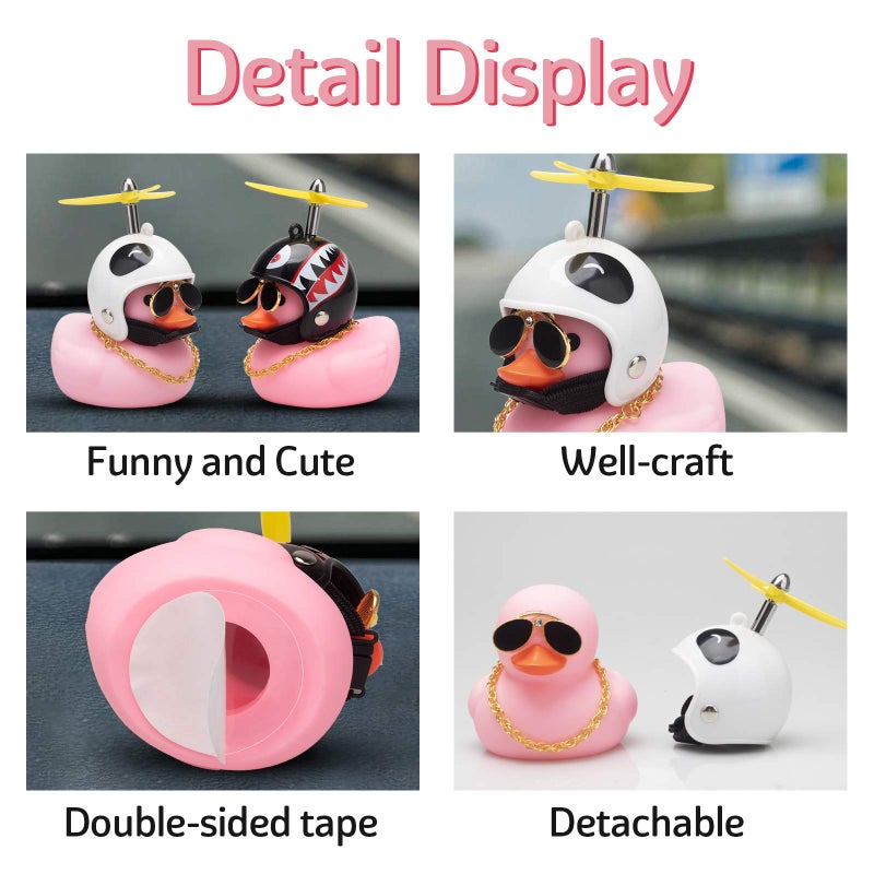 wonuu Pink Duck Car Dashboard Decorations Rubber Duck Car Ornaments Cool Duck with Propeller Helmet Sunglasses Gold Chain - Image 2