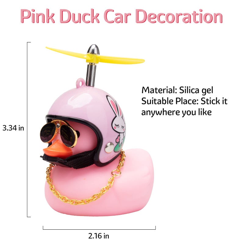 wonuu Pink Duck Car Dashboard Decorations Rubber Duck Car Ornaments Cool Duck with Propeller Helmet Sunglasses Gold Chain - Image 4