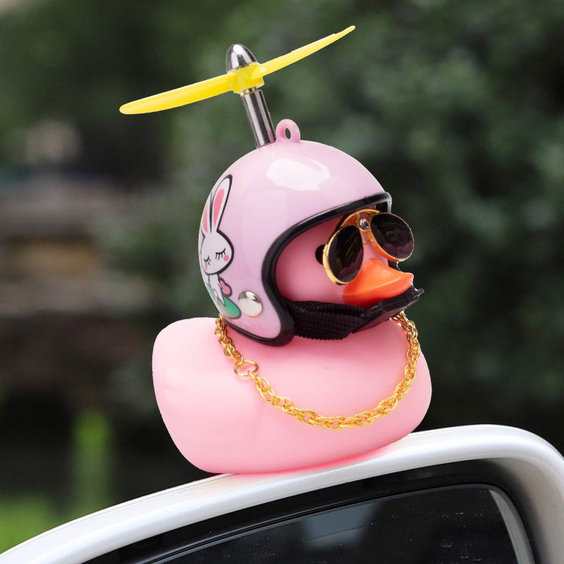 wonuu Pink Duck Car Dashboard Decorations Rubber Duck Car Ornaments Cool Duck with Propeller Helmet Sunglasses Gold Chain - Image 5