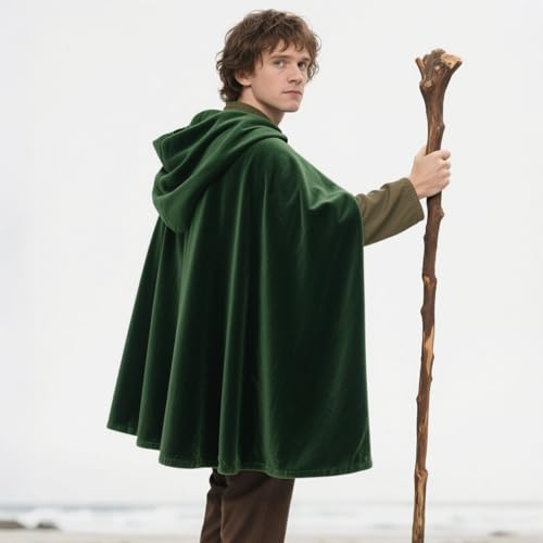 L'VOW Medieval Hobbit Cloak with Leaf Brooch Renaissance Elf Hooded Cape Velvet Cloak with Hood(Dark Green,M) - Image 4