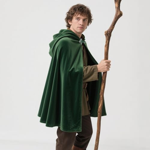 L'VOW Medieval Hobbit Cloak with Leaf Brooch Renaissance Elf Hooded Cape Velvet Cloak with Hood(Dark Green,M) - Image 3