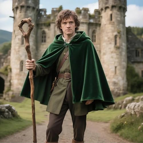 L'VOW Medieval Hobbit Cloak with Leaf Brooch Renaissance Elf Hooded Cape Velvet Cloak with Hood(Dark Green,M) - Image 2