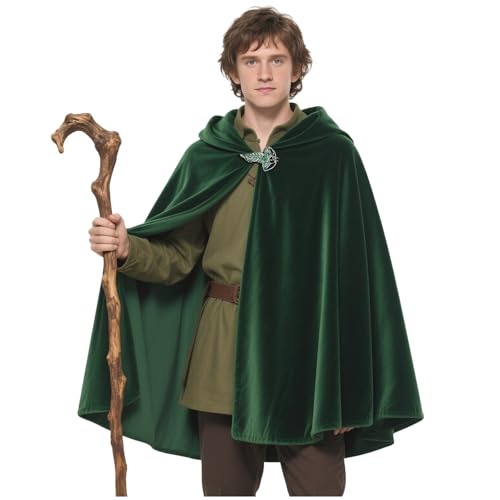 L'VOW Medieval Hobbit Cloak with Leaf Brooch Renaissance Elf Hooded Cape Velvet Cloak with Hood(Dark Green,M) - Image 1